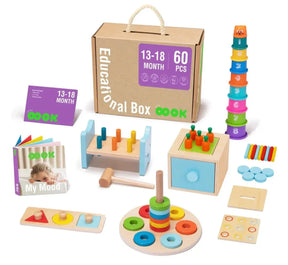 Top view of Tookyland Montessori toy set with 60 pieces, stacking rings, peg bench, shape sorter on white background