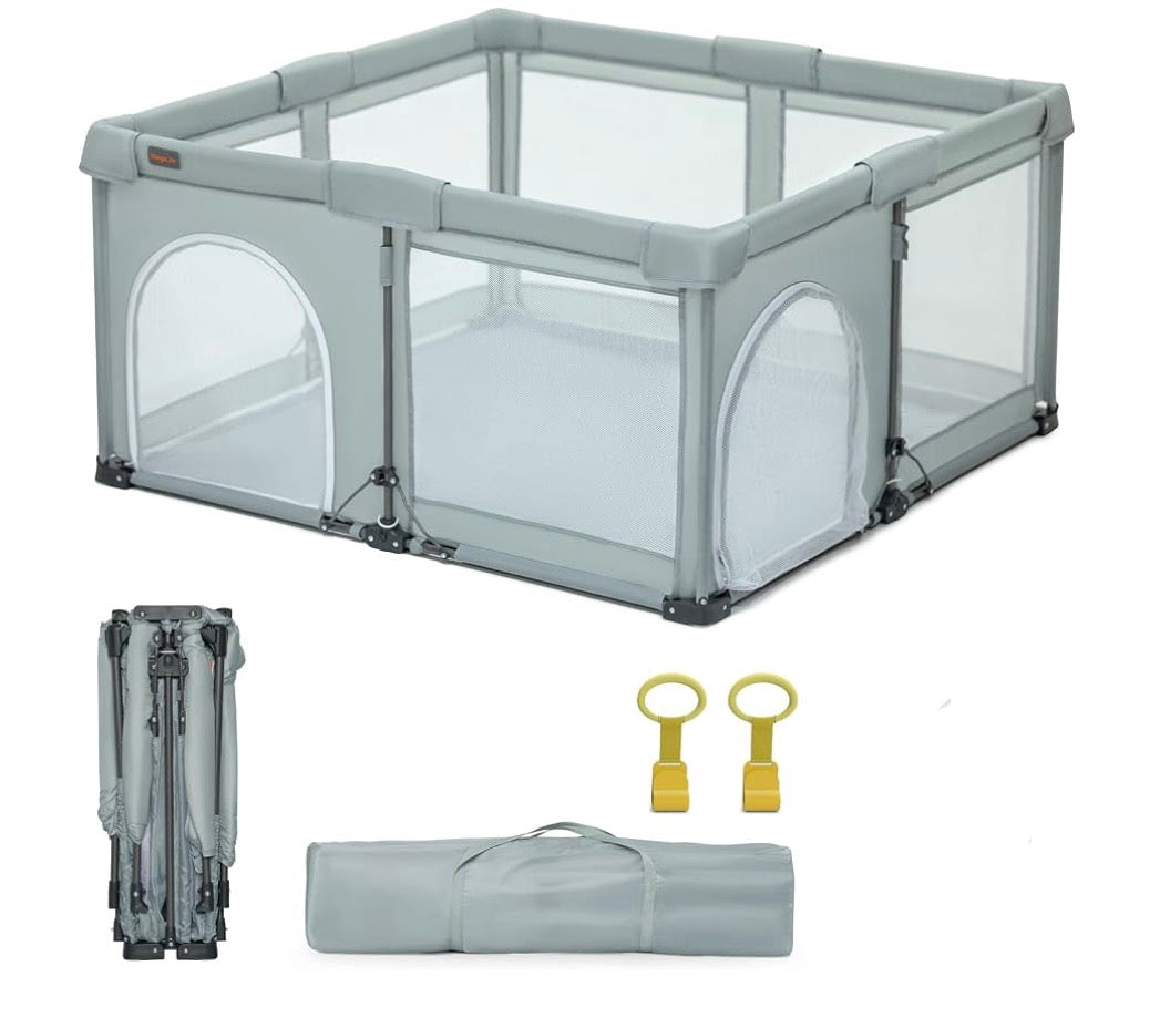 Heyo.ja Foldable 59x71'' Playpen with Mat, Grey