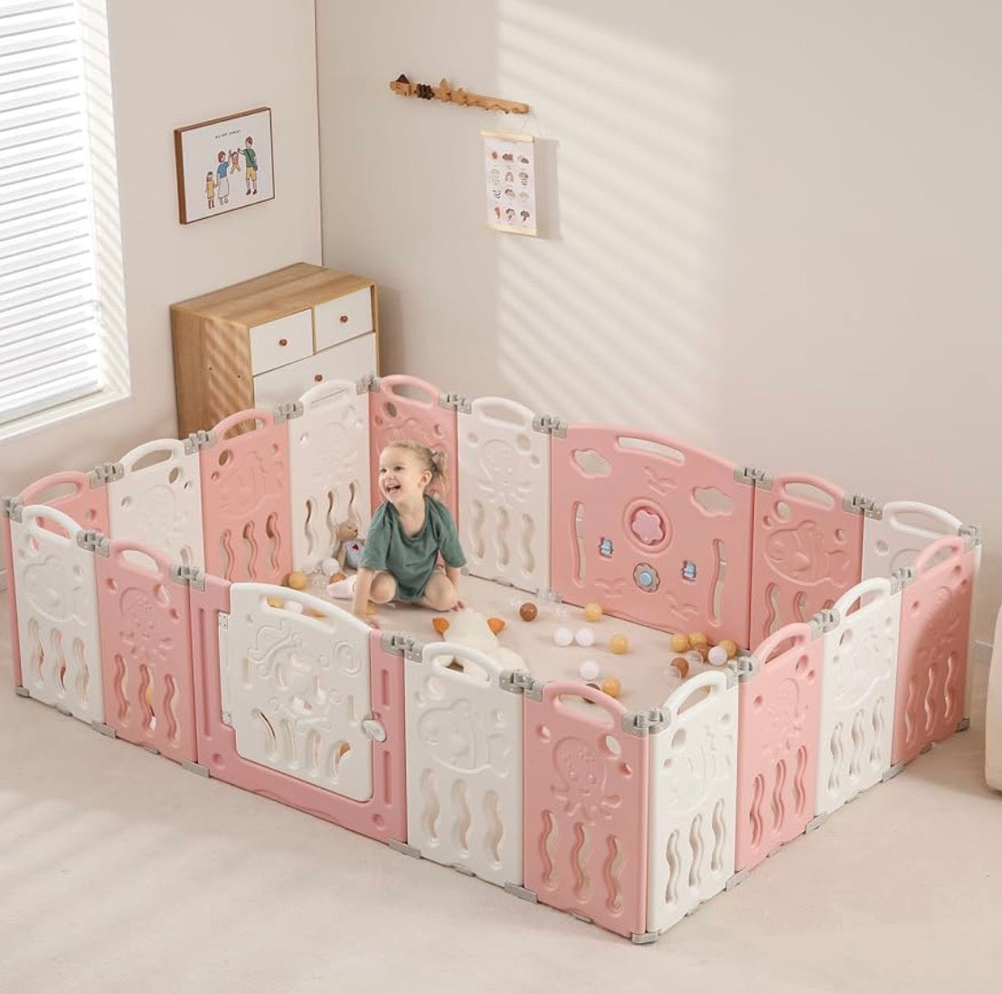 IFLETH 18-Panel Foldable Baby Playpen Pink/White