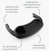 Product infographic showing a black stroller snack tray that replaces the child bar, fits cups, and wipes clean