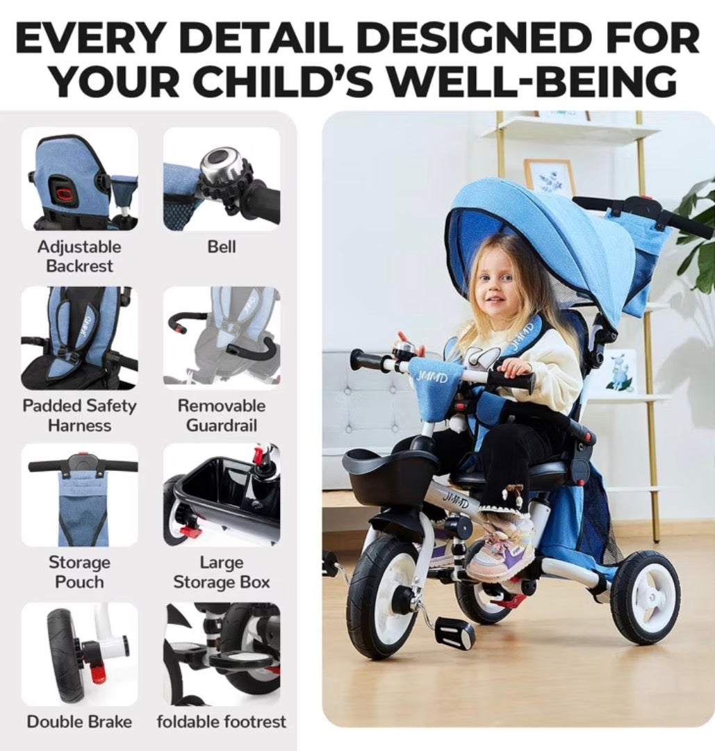 NEW JMMD 6-in-1 Foldable Tricycle with Adjustable Push Handle, Blue