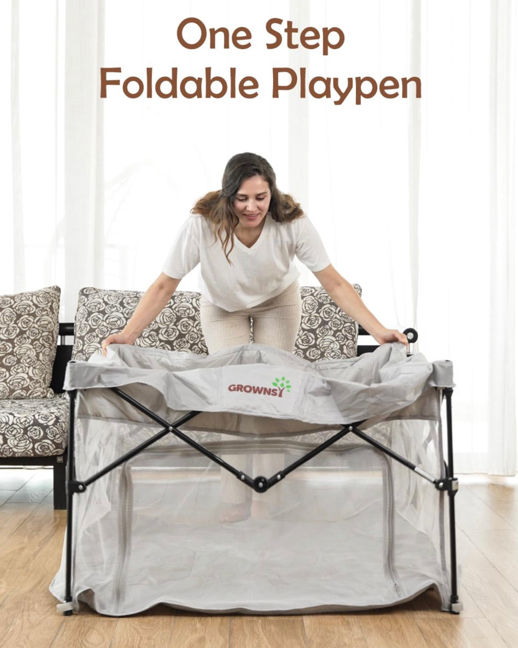GROWNSY Foldable Indoor/Outdoor Playpen with Canopy Grey 48x48''