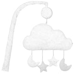 Front view of Just Born musical mobile showcasing a cloud with sparkly gray stars and moons on a white background