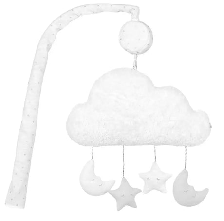 Front view of Just Born musical mobile showcasing a cloud with sparkly gray stars and moons on a white background