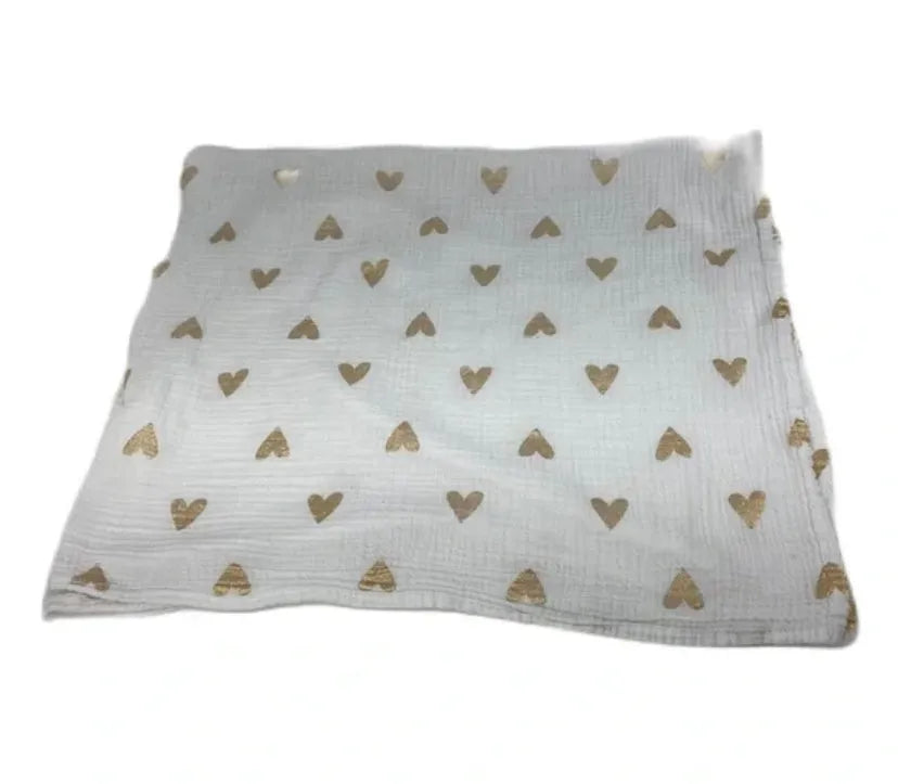 Cloud Island Muslin Swaddle Blanket Gold Hearts Print White