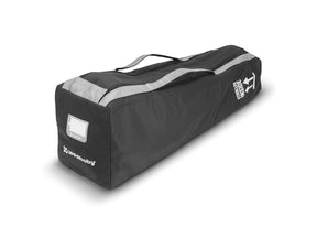 Black UPPAbaby stroller travel bag with reflective trim and carrying handle on white background