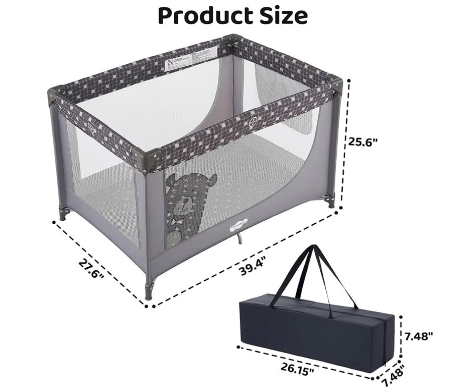 NEW Pamo Babe Portable Crib Baby Playpen with Mattress and Carry Bag in Grey