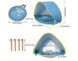 Portable pop-up baby beach tent with UV protection, compact carry bag, and stakes for outdoor sun shelter