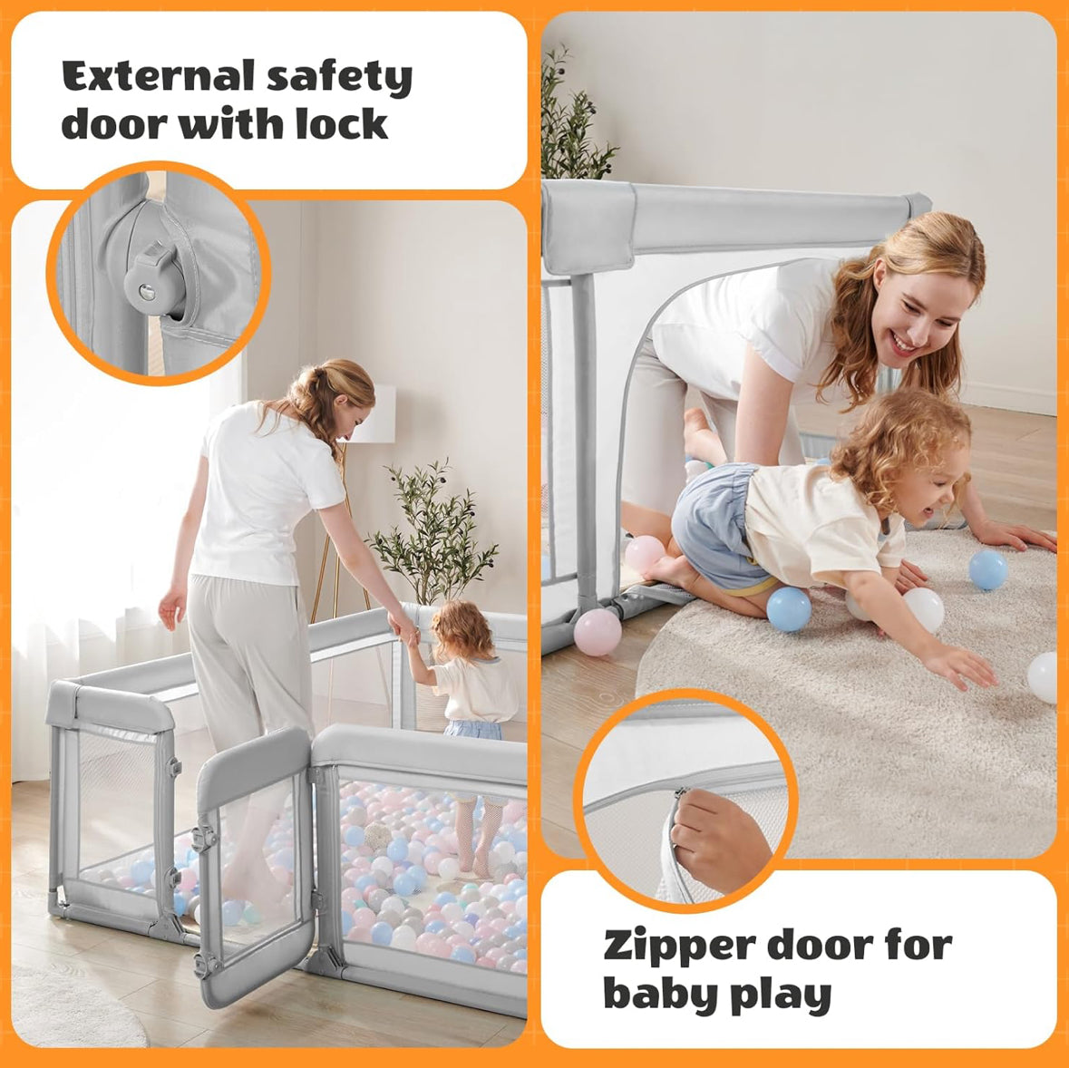 Extra Large Playpen with Safety Gate, Light Grey