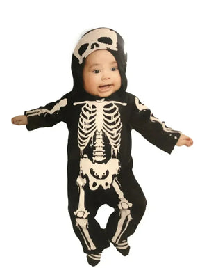 Baby in black skeleton Halloween costume with hood, perfect for kids' festive outfits