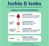 Infographic Lochia and leaks showing lochia progression: Rubra, Serosa, Alba; notes bladder leaks may occur