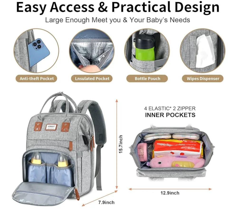 HOBEST Diaper Bag Backpack w/ Changing Station & USB Grey
