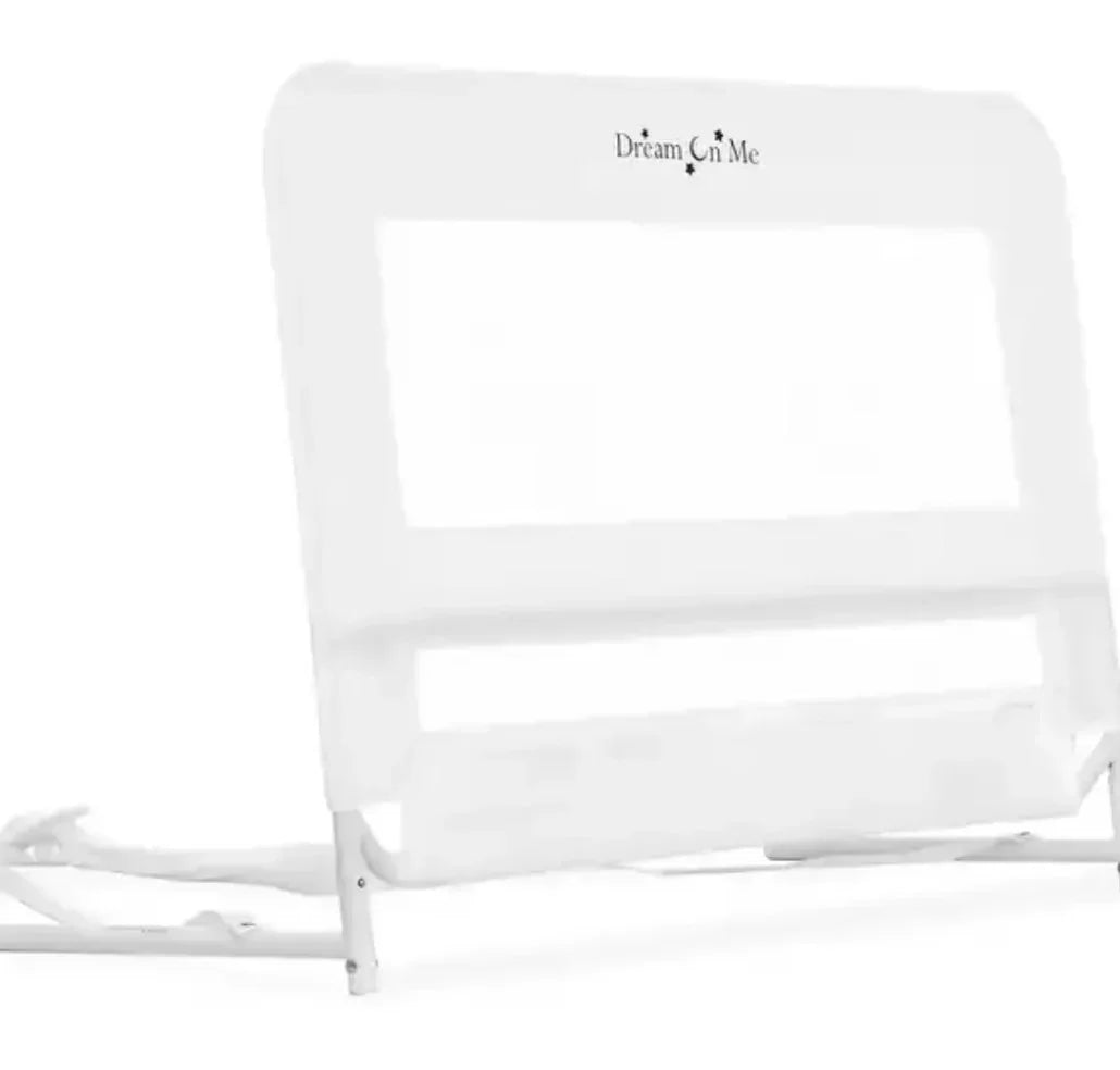 Front view of Dream On Me Deluxe bed rail showcasing mesh panel, metal frame and safety strap on white background