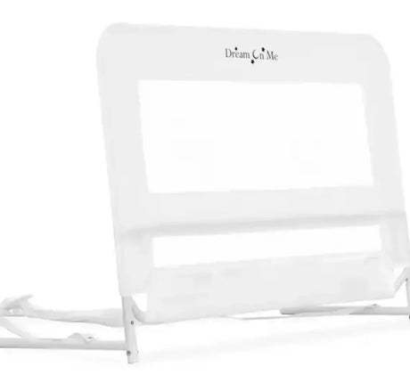 Front view of Dream On Me Deluxe bed rail showcasing mesh panel, metal frame and safety strap on white background