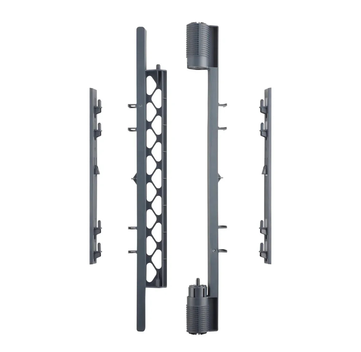 Gray plastic baby gate mounting hardware kit, four separate pieces, isolated on white