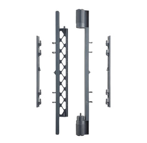 Gray plastic baby gate mounting hardware kit, four separate pieces, isolated on white
