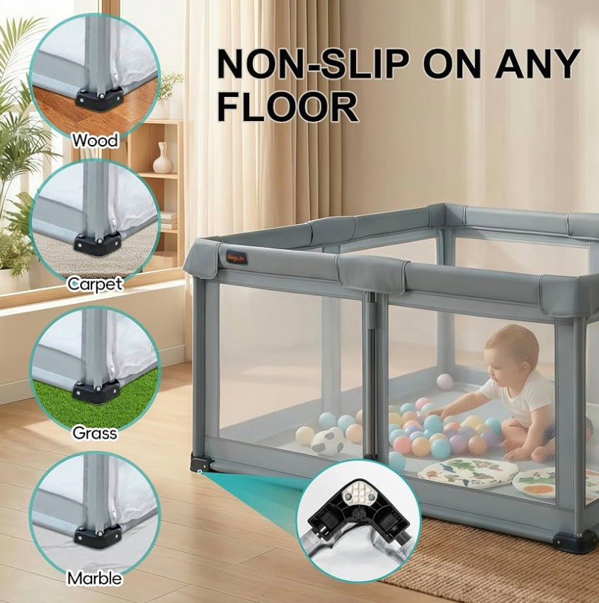 Heyo.ja Foldable 59x71'' Playpen with Mat, Grey