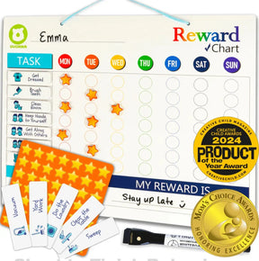 Kids reward chart for chores with star stickers, task cards, and award badges