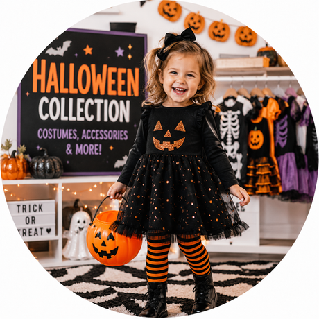 A young girl wearing a black Halloween costume dress with an orange jack-o'-lantern graphic on the chest, holding an orange pumpkin bucket in a decorated costume shop.