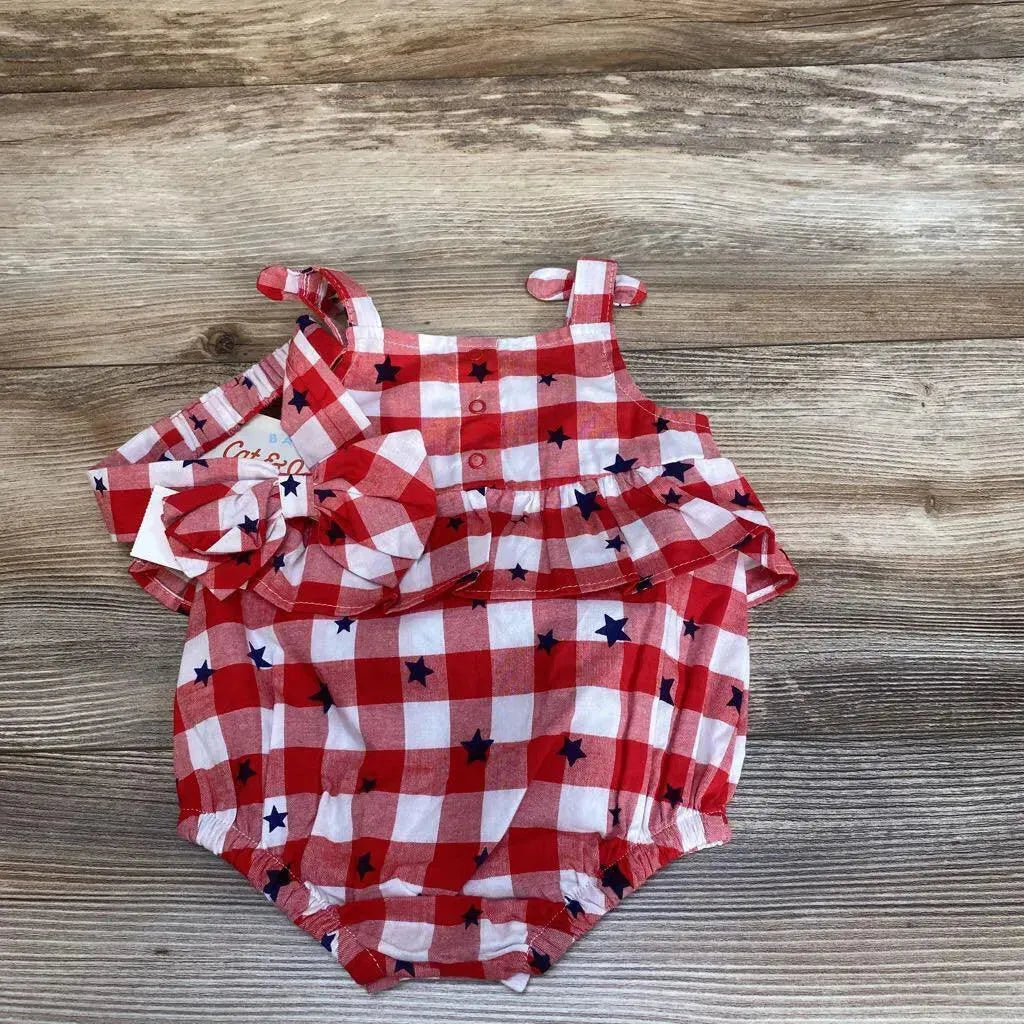 NEW Cat & Jack 2pc Gingham Stars Romper & Headband sz 0-3m - Me 'n Mommy To Be