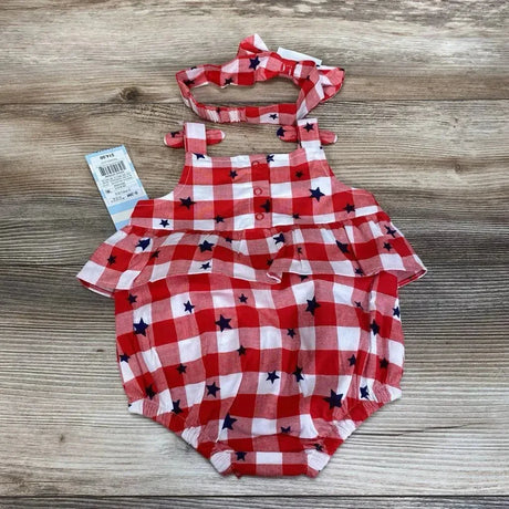 NEW Cat & Jack 2pc Gingham Stars Romper & Headband sz 0-3m - Me 'n Mommy To Be