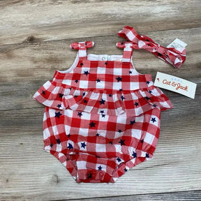 NEW Cat & Jack 2pc Gingham Stars Romper & Headband sz 0-3m - Me 'n Mommy To Be