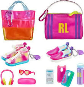 Top view of Real Littles Sneaker and Bag Bundle with pink bags, keychain shoes and accessories on white background