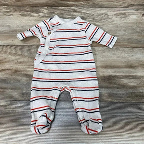 Top-down view of preemie oatmeal footed sleeper with navy and red stripes and side snap closure on wood background