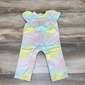 Flat-lay of First Impressions tie-dye romper size 12M showing puff sleeves, front bow and snap leg closures on wood