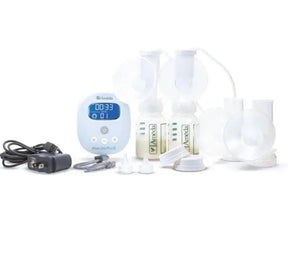 Front view of Mya hospital strength double electric breast pump with digital control unit, two bottles, breast shields, tubing, and adapter on white background