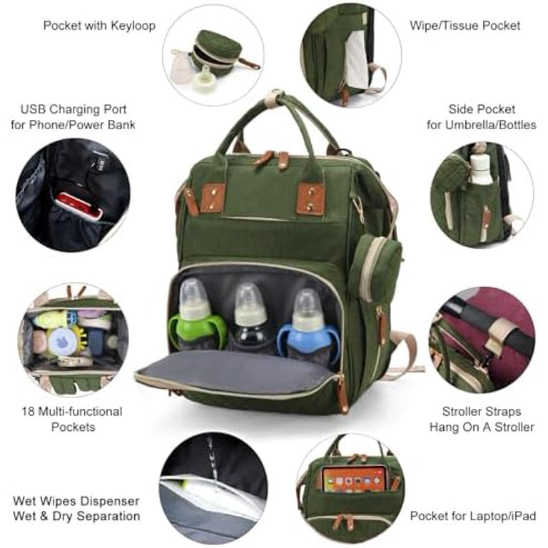 JOLLITO Diaper Bag Backpack with Changing Station Green