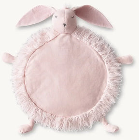 Top-down view of pink Petal Bunny play mat with padded round center, faux-fur trim and attached bunny head