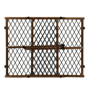Front view of Evenflo Position & Lock Doorway Gate Farmhouse Collection 26-42 in showing wood frame, black metal lattice expandable panels and latch on white background