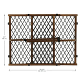 Adjustable wooden and metal baby safety gate with diamond mesh design, 23x26-42 inches