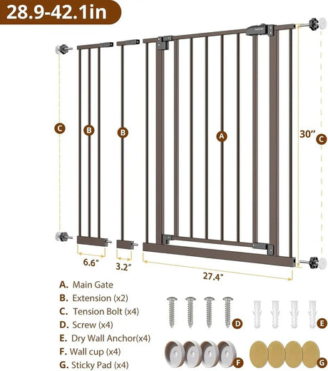 Diagram of adjustable metal baby safety gate with main gate, extensions, tension bolts, screws, drywall anchors, wall cups, and sticky pads