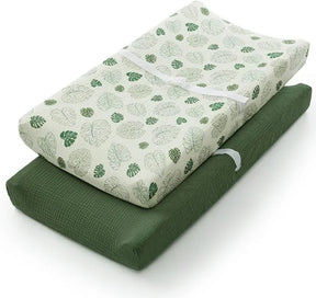 Green and white baby changing pad covers with leaf pattern, nursery essentials
