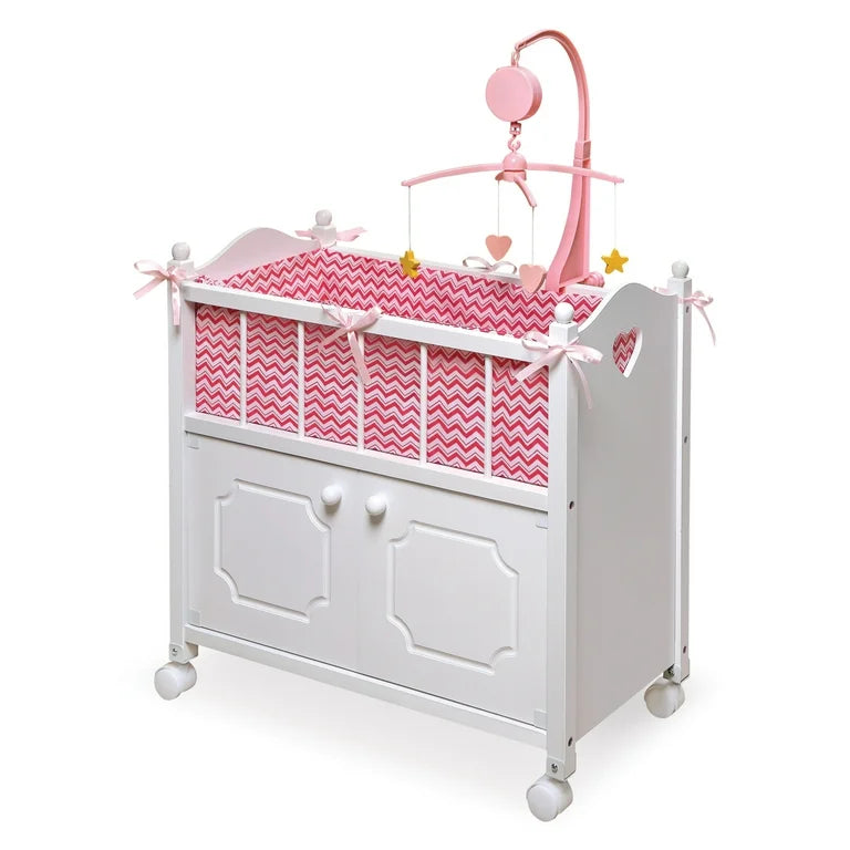 NEW Badger Basket Cabinet Doll Crib with Chevron Bedding Pink/White