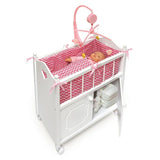 NEW Badger Basket Cabinet Doll Crib with Chevron Bedding Pink/White