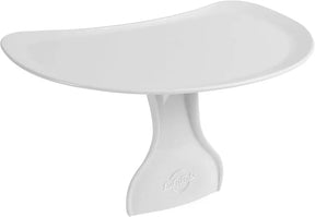 Angled front view of Bumbo seat tray attachment showing curved tray surface and central support tab on white background