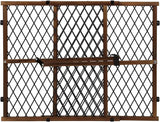 Front view of Evenflo Position & Lock gate with wood-look frame, diamond mesh panels and center latch on white background