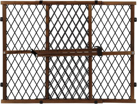 Front view of Evenflo Position & Lock gate with wood-look frame, diamond mesh panels and center latch on white background