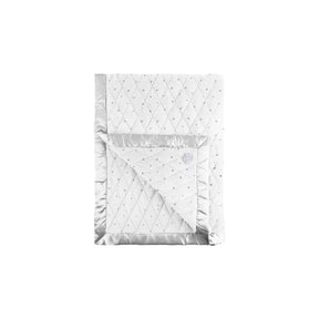 Soft white baby blanket with silver stars quilted pattern and shiny silver trim, folded