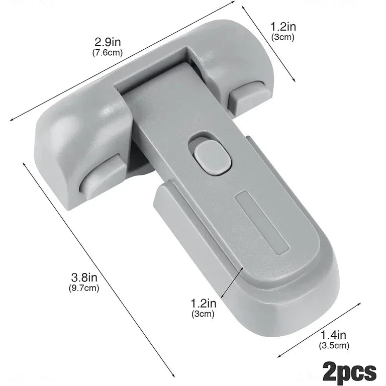 Angled view of gray refrigerator safety lock with push button and dimensions 3.8 x 2.9 x 1.4 in on white background