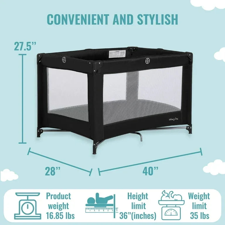 Angled view of Dream On Me Nest playard in black with mesh sides, dimension callouts, and headline Convenient and Stylish