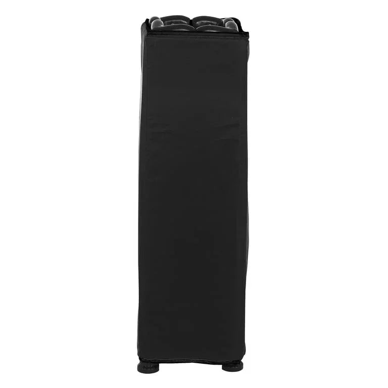 Standing folded view of Dream On Me Nest portable playard in black showing compact folded storage on white background