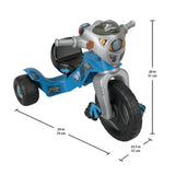 Three-quarter view of Fisher-Price Velociraptor tricycle, blue, dinosaur face and large front wheel, dims 29x20x22.5 in