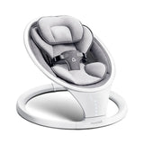 Three-quarter view of Munchkin baby swing with gray plush seat, padded head support, safety harness, and white ring base