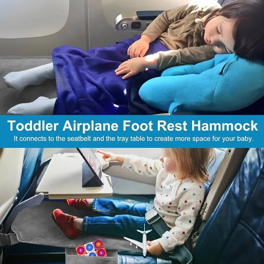 Photo collage showing a toddler airplane foot rest hammock attached to the seatbelt and tray table to create extra legroom