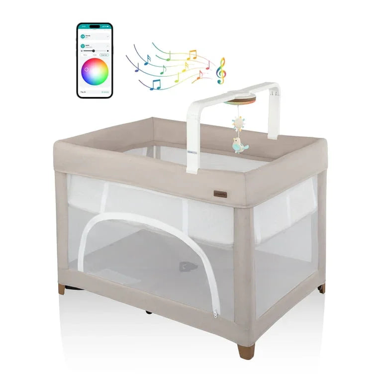 NEW Evenflo Eris One-Hand Playard with Bassinet in Coastal Coffee