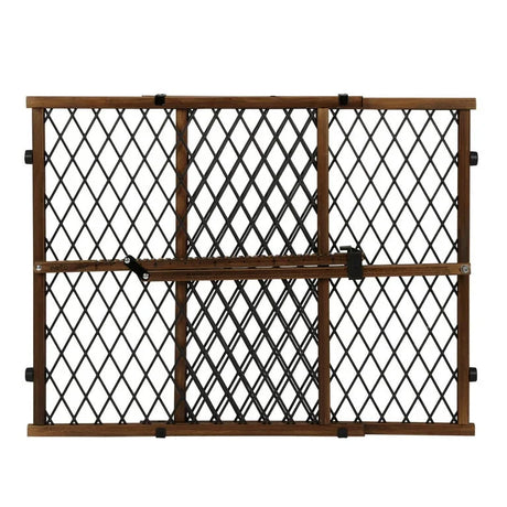 Front view of Evenflo Position and Lock doorway gate with farmhouse finish, diamond mesh and horizontal lock bar on white